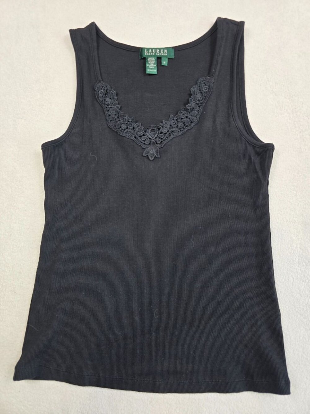 Ralph Lauren Womens Medium Black Cotton Tank Top Lace Detail 100% Cotton